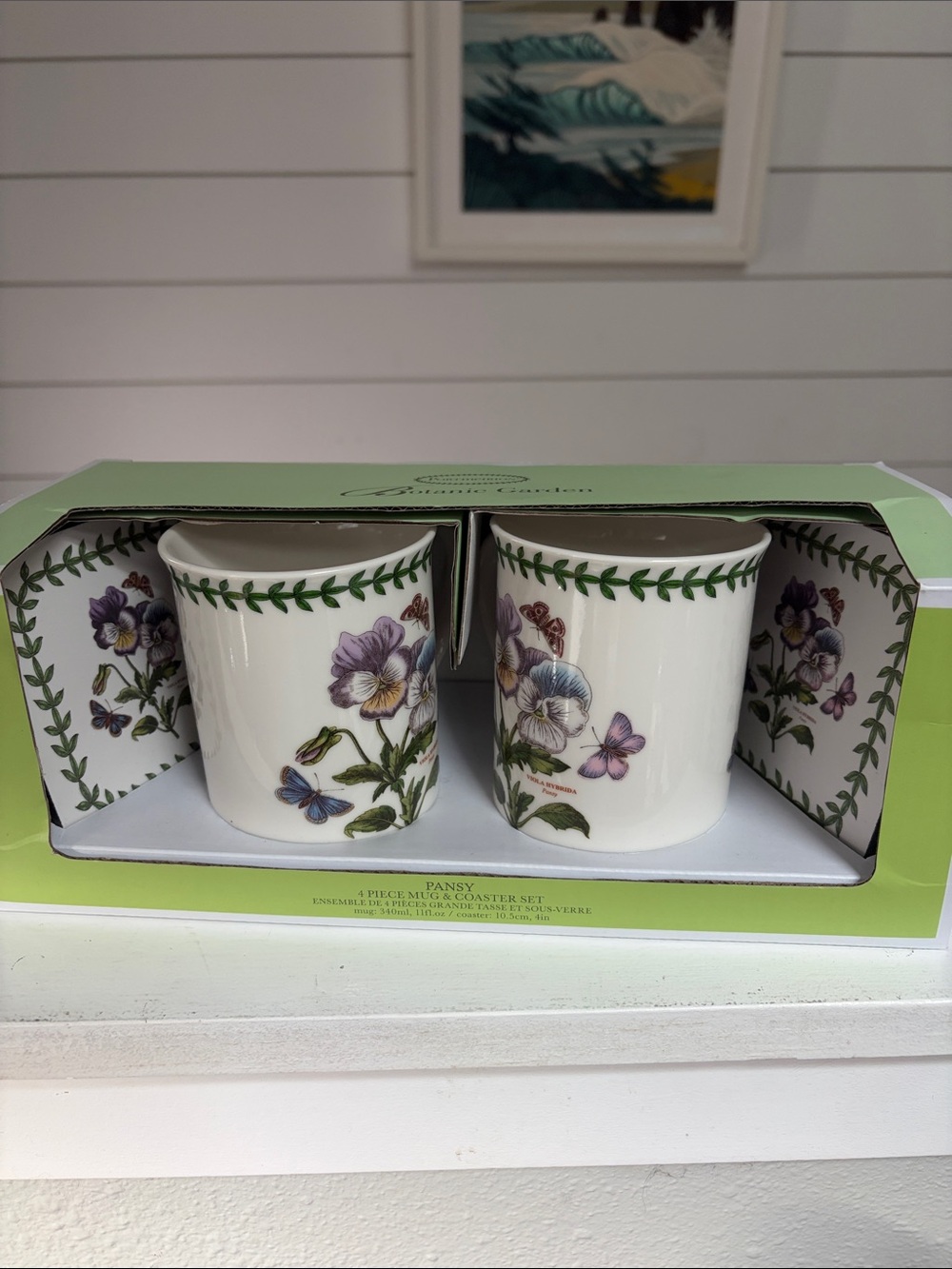 Portmeirion Pansy Floral Ceramic Mug Set in Cream, Purple, Green - 2 Piece